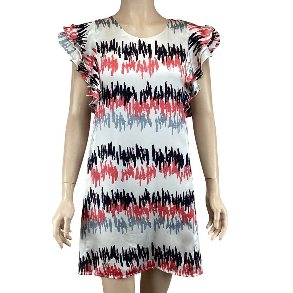 Jade Melody Tam Dress Size Small Ruffle‎ Sleeve Abstract Print White Black Red